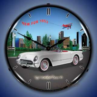   Car 1953 Chevy Chevrolet Corvette White Lighted Wall Clock New  