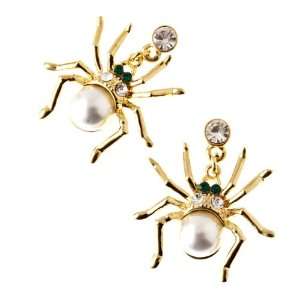 Halloween Costume Jewelry Spider Crystal Pearl Dangle Charm Earring 