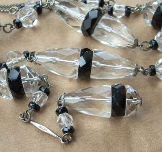   Art Deco Black & Crystal Czech Glass Flapper Sautoir Necklace  