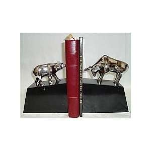  Classic Silver Bull and Bear Bookends on Black marble with 