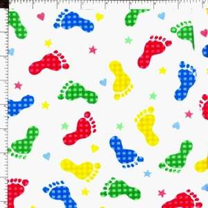 Kids Baby Footprints Stars Hearts 100% Cotton White Flannel Fabric 44 