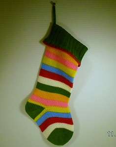 CHRISTMAS STOCKING FUNKY STRIPES Knit Stocking Green Cuff Crochet Edge 