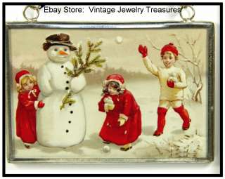   Postcard 4 Glass 2 Sided Christmas Tree Ornament Children Snowman