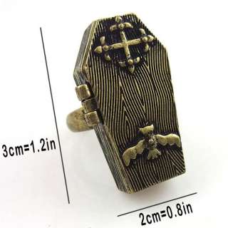 Goth Coffin Locket Vampire Bat Antique Brass Ring SZ 6  