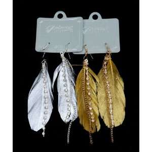    Gold Metallic Feathers & Rhinestones Chain Earrings Jewelry