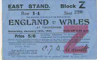 ENGLAND v WALES 1921 RUGBY PROGRAMME + TICKET 15 JANUARY   TWICKENHAM 