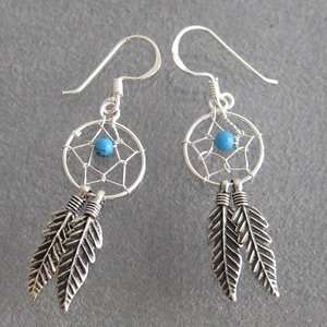 Cute Blue Bead Dreamcatcher Sterling Silver Earrings  