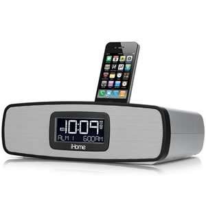  New   Dual alarm clock radio for iPhone silver   IH 
