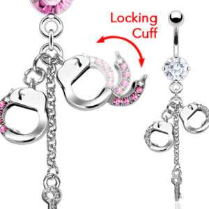 Clear Pink CZ Dangling Handcuffs & Key Navel/Belly Ring  