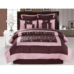   Coffee and Pink Embroidered Comforter Bedding Set