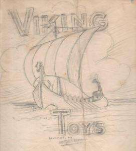 c1950 Original Drawing Viking Ship Longship Viking Toys  