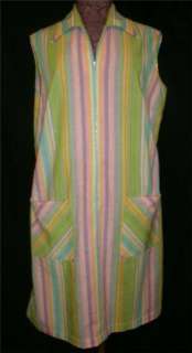 NICE Vintage 70s Pastel Striped House Coat Dress Duster L XL 44 Bust 