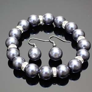   Faux Pearl Rhinestone Elastic Elegant Bracelet Earrings Set  