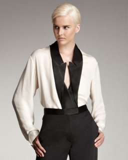 Inverted Tuxedo Lapel Blouse & Wide Leg Pants