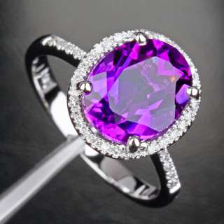   Dark Purple AMETHYST PAVE DIAMOND 14K WHITE GOLD Halo Engagement RING