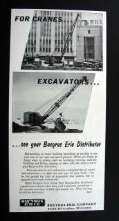 Bucyrus Erie Cranes Excavators 1953 print Ad  