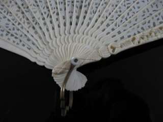   Ant. 1800s CHINESE CANTONESE Finely Carved Ox Bone & Feather Fan ~ NR