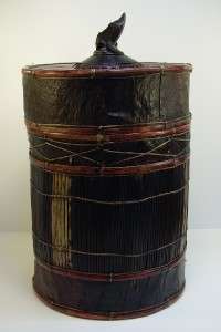   Hand Made Indonesian Leather & Reed Lidded Basket Box Carved Wood Frog