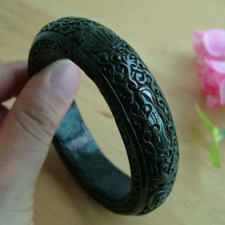 Green Black Natural Grade A Jade Jadeite Carved Bangle Bracelet 56mm 