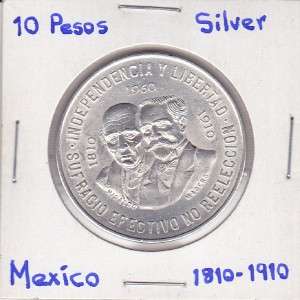 Banco de Mexico $ 10 Pesos Silver Coin Hidalgo y Madero 1960.  
