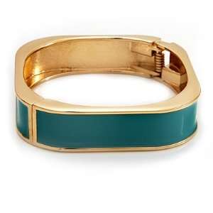 Turquoise Enamel Square Hinged Bangle Bracelet In Gold Plated Metal 