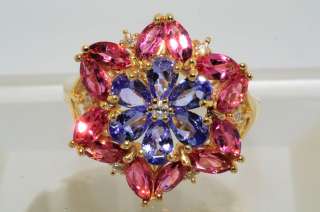   15CT FLOWER DESIGN PINK TOURMALINE,TANZANITE & DIAMOND RING SIZE 7.25