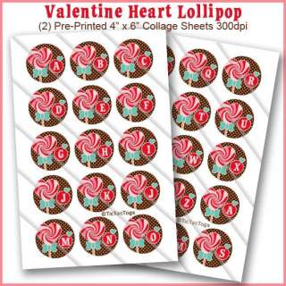 PRINTED Valentine Heart Lollipop Alpha Bottle Cap 1 Inch Circles 