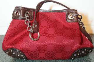 KATHY VAN ZEELAND Brick Red Brocade Fabric with Brown Leather Handbag 