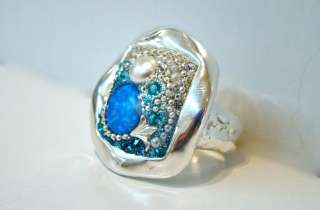   Silver Sterling, Lab Opal & Swarovski Crystal Ring Size 6.5  