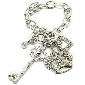   Look Crown Key & Heart Charms on Toggle Chain Silver Tone Jewelry