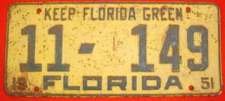 Vintage 1951 FLORIDA LICENSE PLATE Yellow Keep Florida Green Logo 