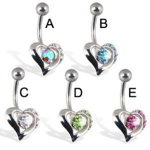  Heart belly button ring with center stone and three small 