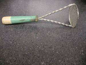 Vintage Twisted Wire Potato Masher With Green & Cream Handle  