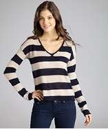 Line navy and cream striped cashmere v neck rolled hem sweater style 