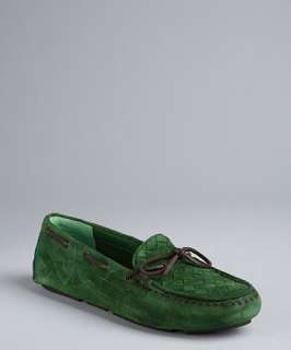 Bottega Veneta green intrecciato suede boatstitched loafers