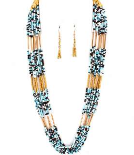 Chunky Boho Chic Multi Strand Gold & Blue Beaded Layered Necklace 