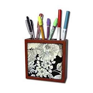   Large Black n White Floral   Tile Pen Holders 5 inch tile pen holder