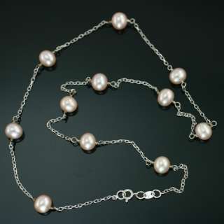 Vintage 14K White Gold Pearl Tin Cup Station Chain 16 Necklace 6mm 