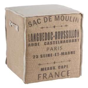  French Country Burlap Sac de Moulin Accent Cube Ottoman 