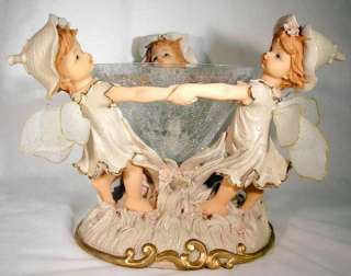   Fairy Figurine Trio Holds Crackle Glass Dish For Potpourri Soap Candy