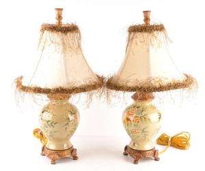   of 2 French Fringed Floral Porcelain Night Lights Table Lamps  