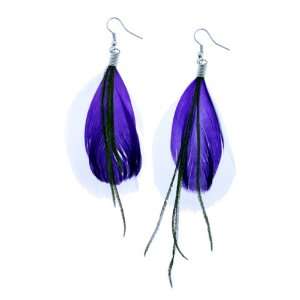 Purple and White Natural Feather Earrings with Peacock Feather Accent 