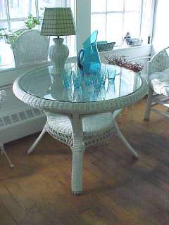 White Wicker and Glass Top Table Round  