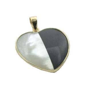    Onyx and Mother Of Pearl Split Heart Pendant, 14k Gold Jewelry