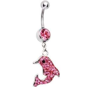 Pink Gem Paved Dolphin Dangle Belly Ring