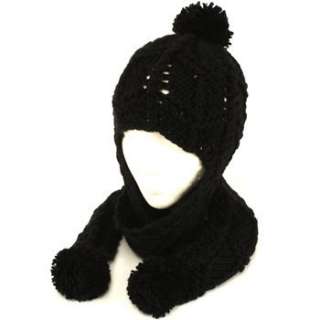 Hand Knit Trooper Trapper w/ Scarf Winter Ski Hat Black  