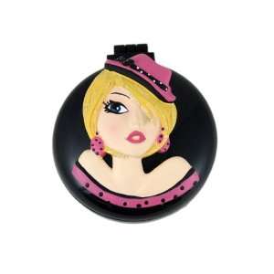   Pink Compact Mirror and Hairbrush Blonde Girl in a Pretty Hat Beauty