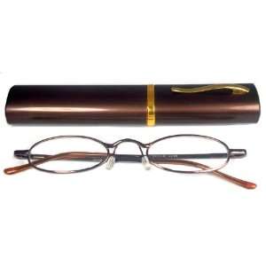 Reading Glasses~Metal Frame~Spring Hinge~Tube Case~Brown +2.00