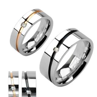 Stainless steel IP striped single CZ C.Z wedding band couple ring Size 