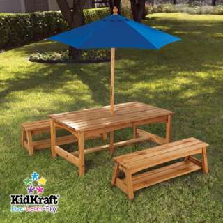 New Kids Wood Picnic Table & Benches with Blue Umbrella  